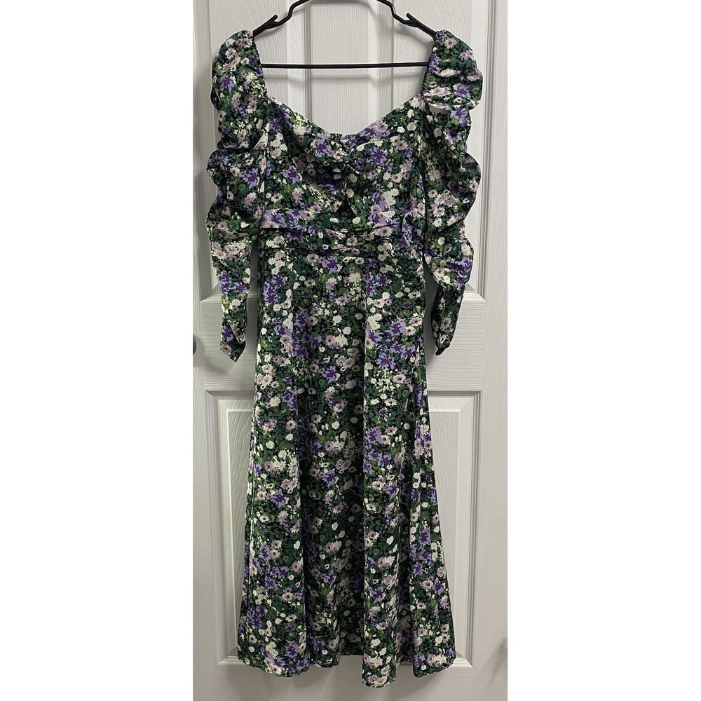 ASTR Purple&Green&White Floral Long Sleeve MIDI Dress Sz.M Criss Cross At Chest